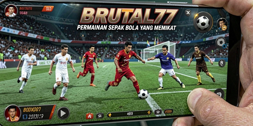 Tampilan gameplay mendebarkan di BRUTAL77 dengan aksi sepak bola yang intens.