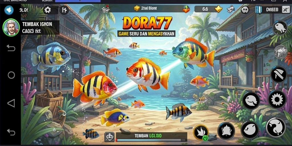 Screenshot DORA77 menampilkan aksi menembak ikan yang seru dan dinamis.