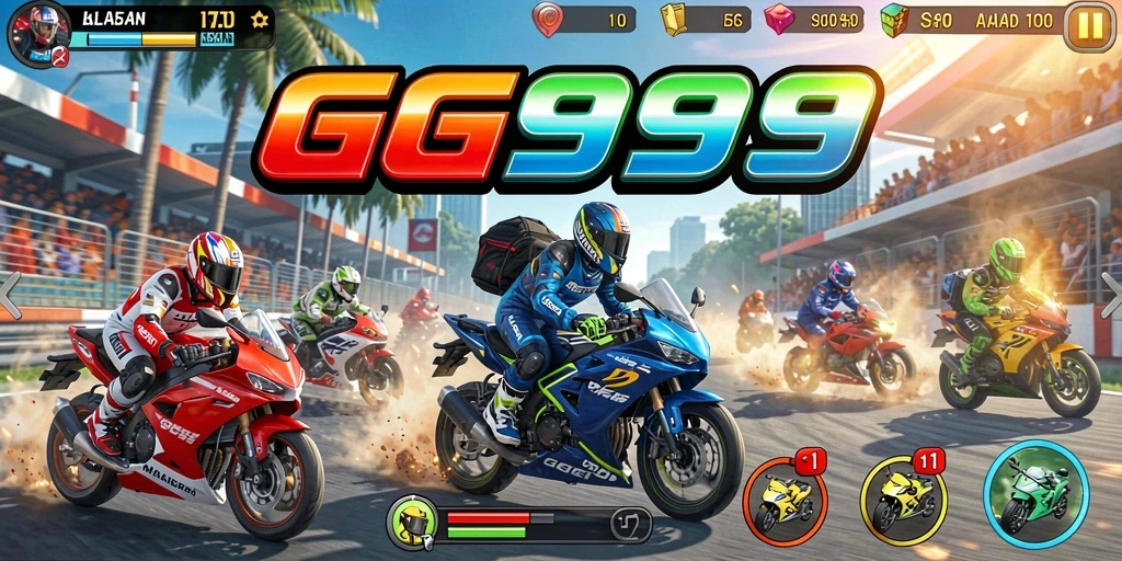Gameplay seru GG999 dengan balapan motor yang intens.