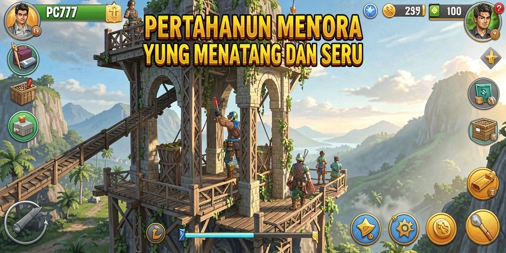 Screenshot gameplay PC777 dalam pertarungan Tower Defense yang intens.