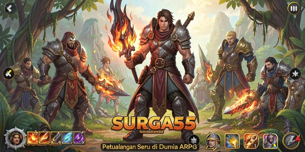 Tangkapan layar utama SURGA55 menampilkan aksi seru dalam pertempuran ARPG.